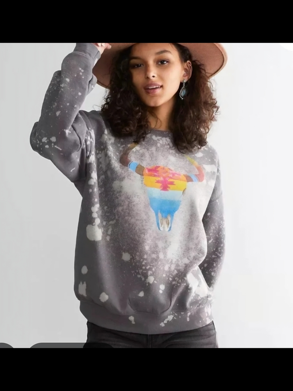 Gray Crewneck Sweatshirt with Colorful Southwestern Bull Graphic